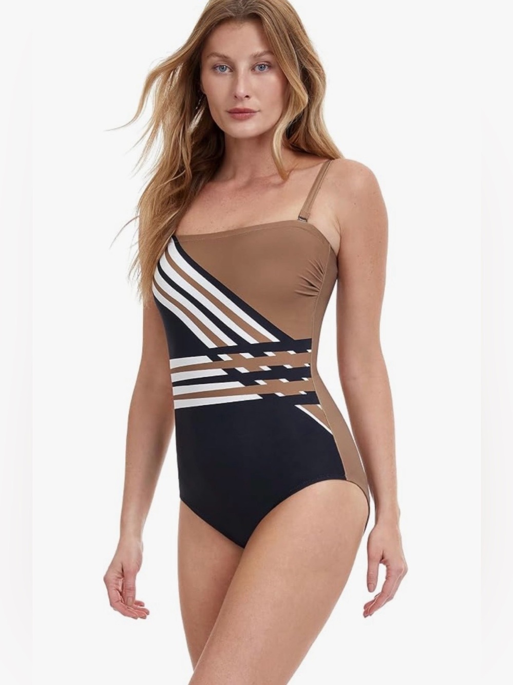 Gottex Women’s size 10 One-Piece Swimsuit in Brown and Black with Stripe Detail